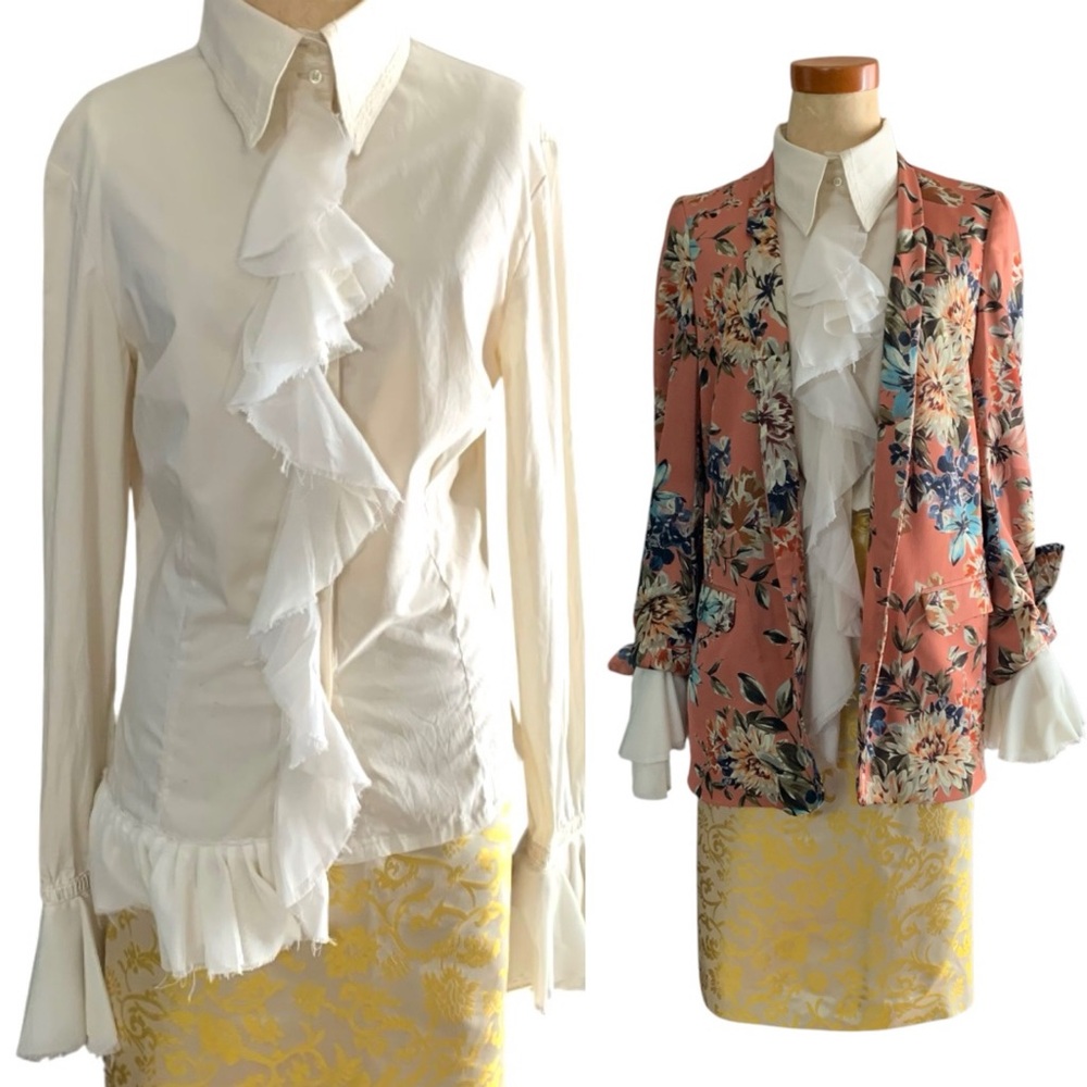 “Lucy” Victorian-look ruffle top button front asymmetrical front ruffle hem-S